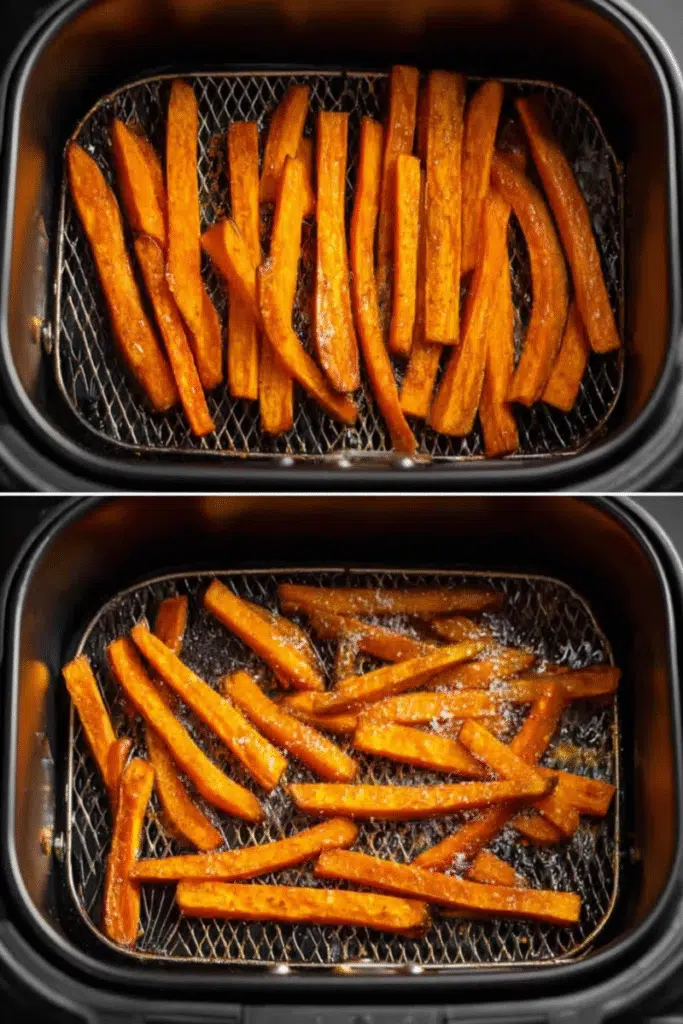 air fryer sweet potato fries inside an air fryer basket before and after cooking.