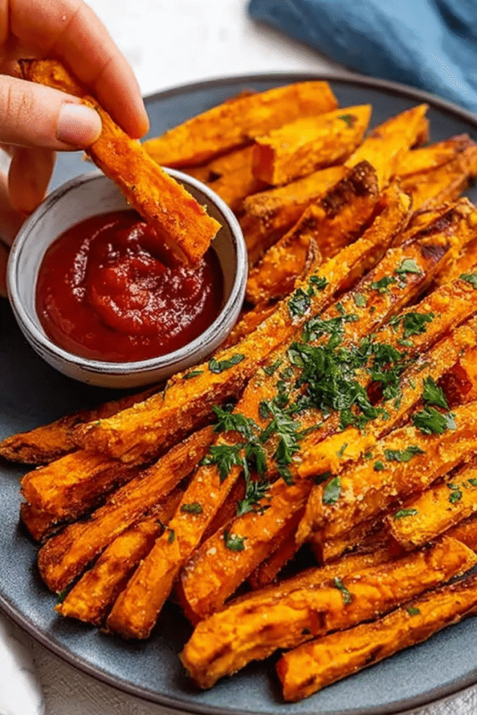 Hand dipping a air fryer sweet potato fries fry into ketchup, with a plate of crispy fries garnished with herbs.