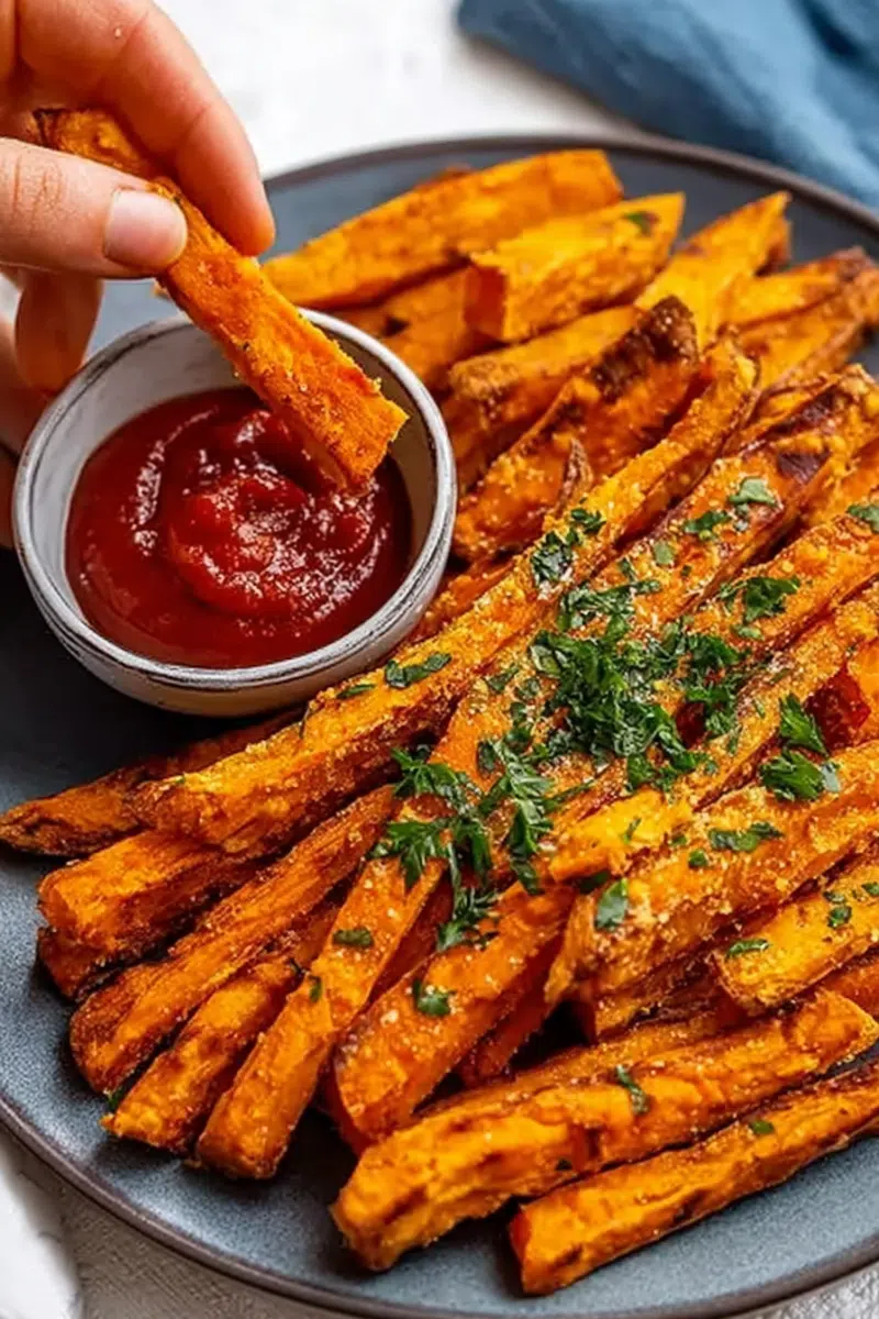Hand dipping a air fryer sweet potato fries fry into ketchup, with a plate of crispy fries garnished with herbs.