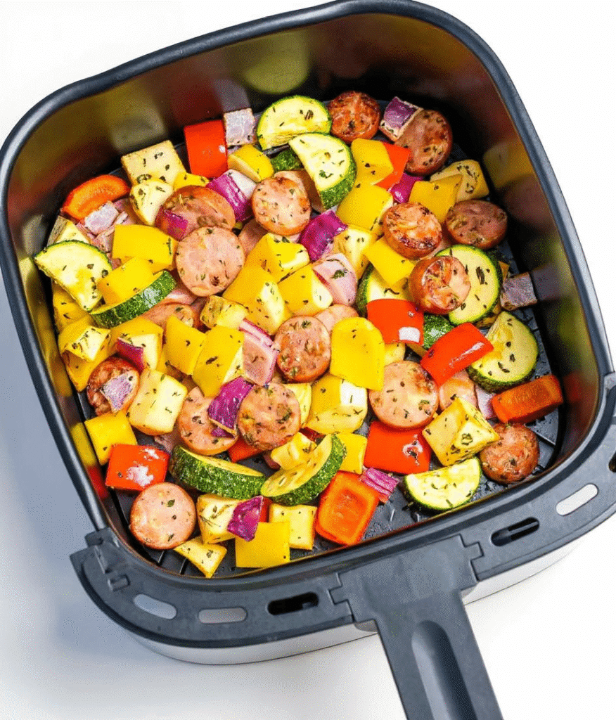 Close-up of cooked chicken apple sausage with vegetables in air fryer