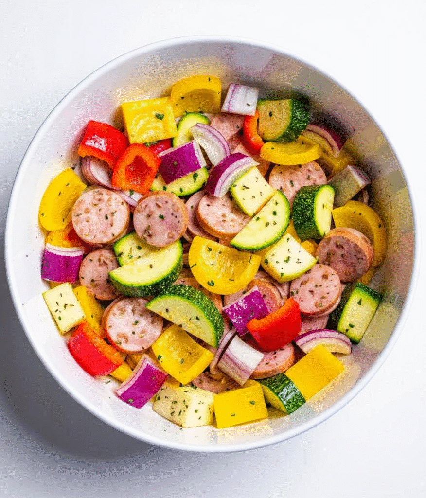 Chicken apple sausage air fryer ingredients placed inside air fryer basket before cooking