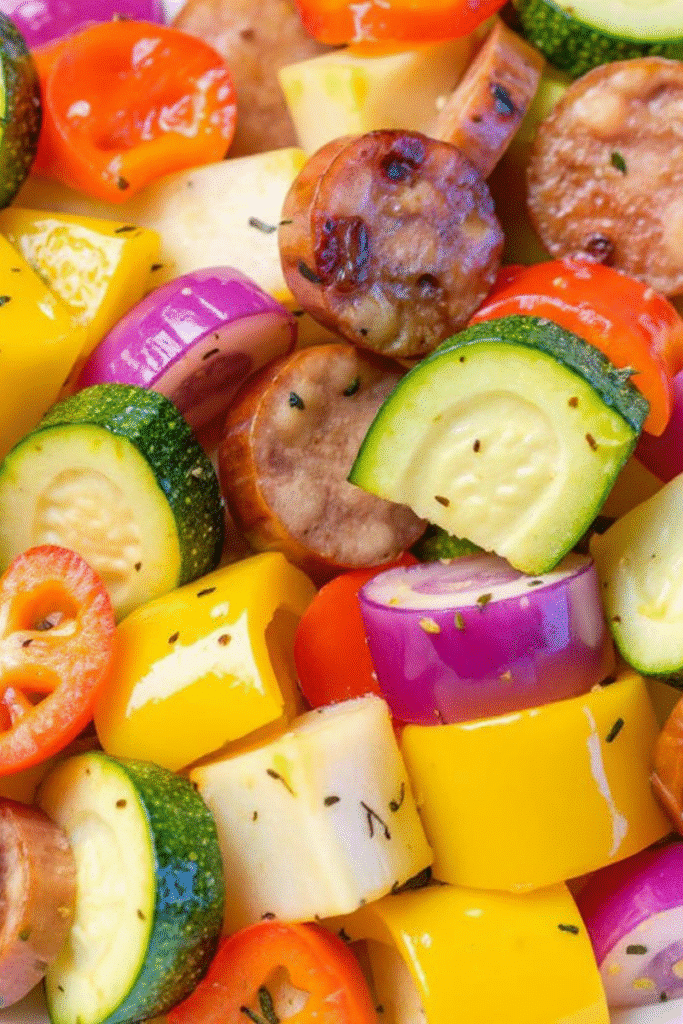 Close-up of chicken apple sausage with vegetables in air fryer