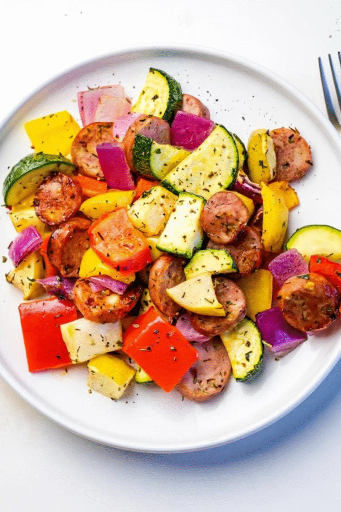 Plated chicken apple sausage air fryer dish with roasted vegetables