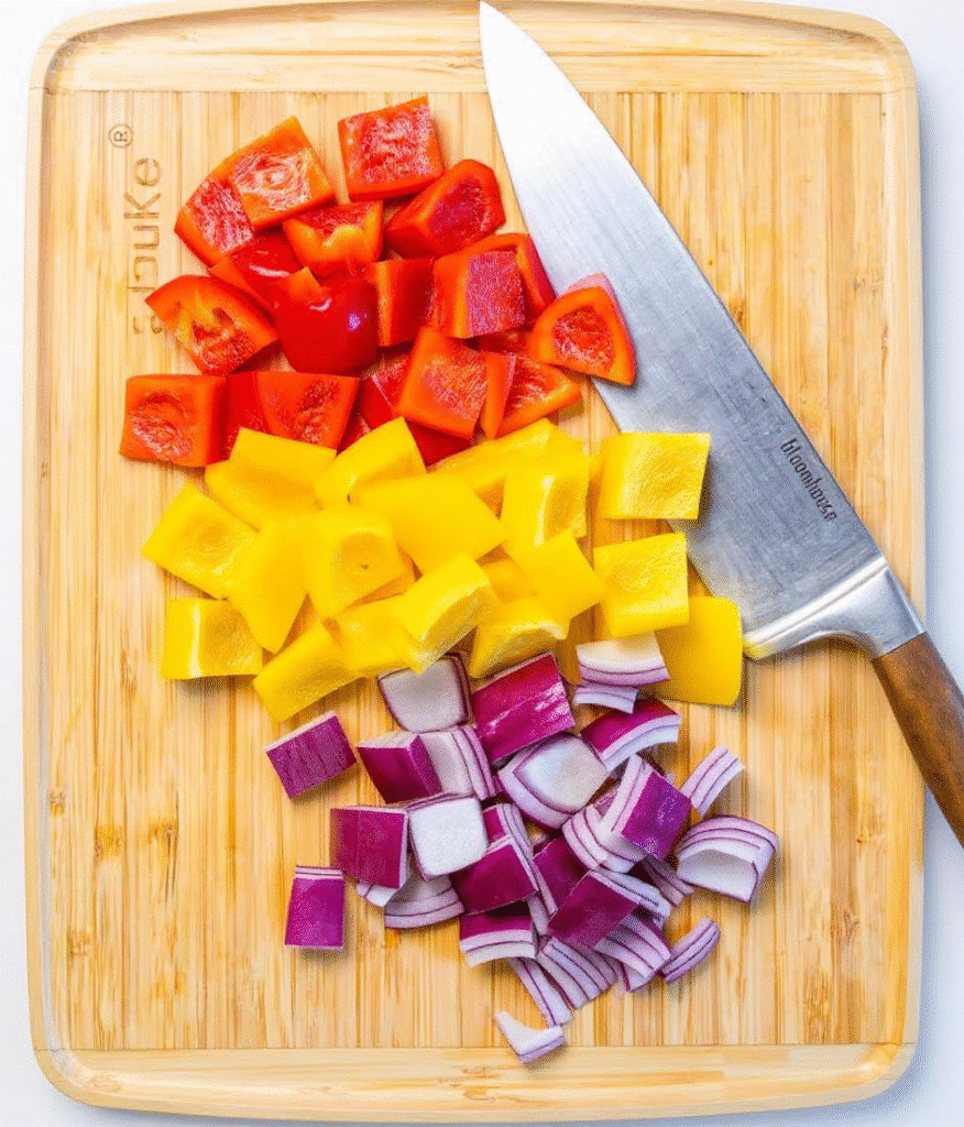 Chopped bell peppers and red onion on a cutting board for chicken apple sausage air fryer