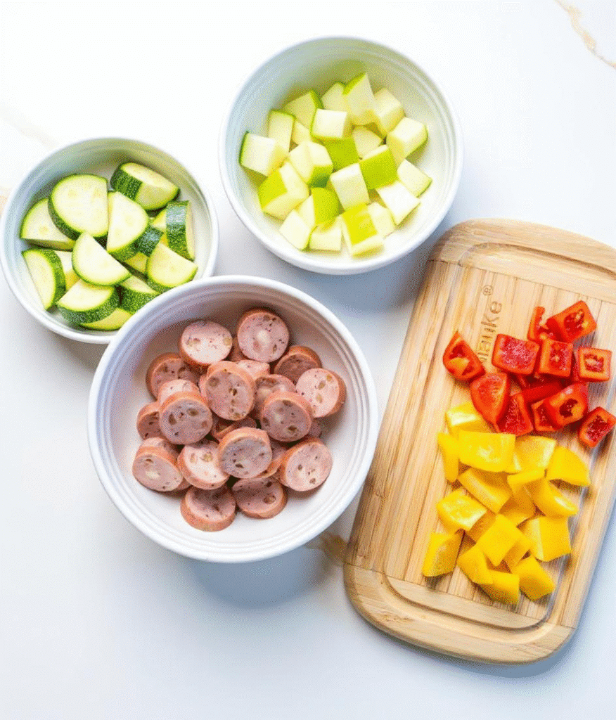 Ingredients for Chicken Apple Sausage Air Fryer recipe prepped in bowls
