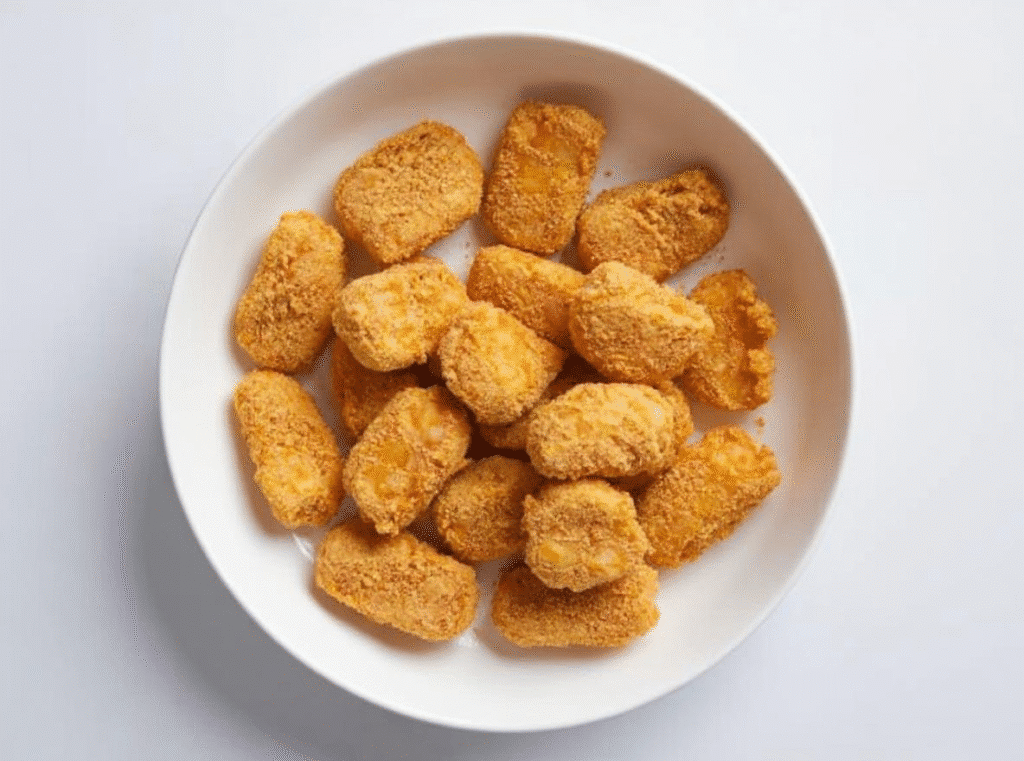 Finished air-fried chicken nuggets still sitting in the basket, golden brown and crisp.