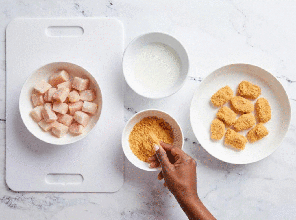 Chicken pieces, milk, and breadcrumbs in bowls on a white surface with a hand breading a piece.