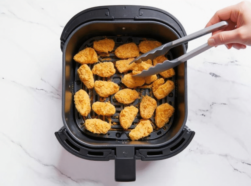 A hand flipping golden breaded chicken nuggets inside an air fryer using tongs.