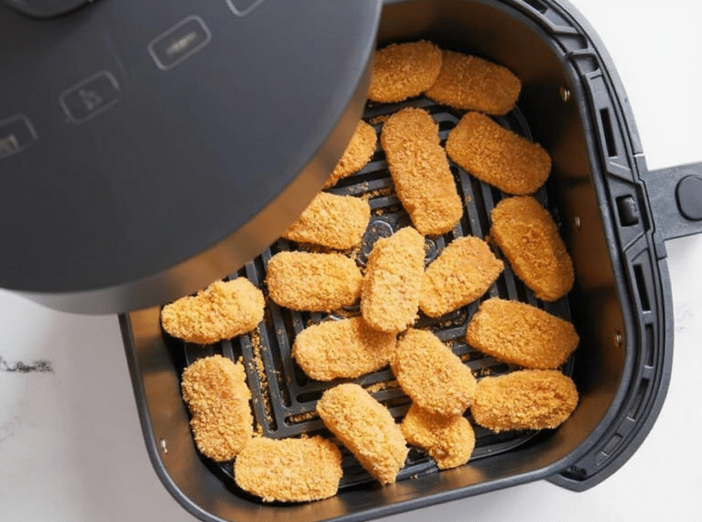Uncooked breaded chicken nuggets arranged in a single layer inside an air fryer basket.