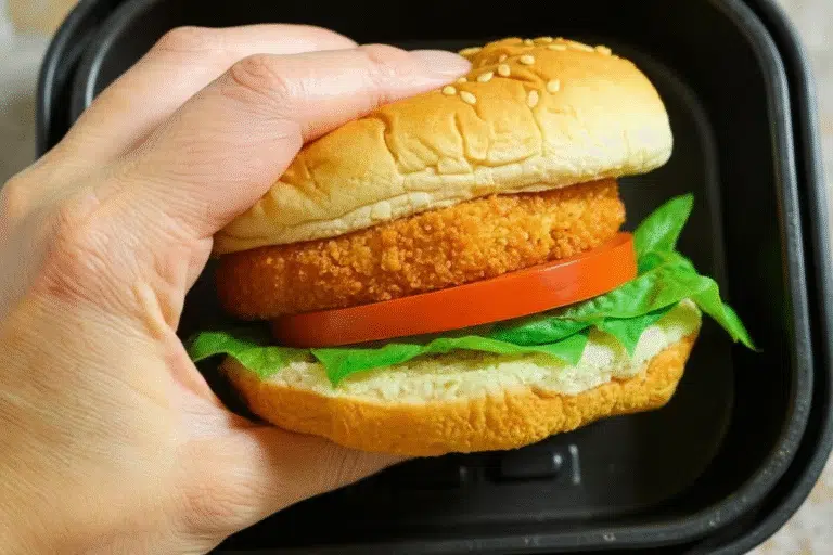Hand holding a chicken sandwich made with air fried patty, lettuce, and tomato
