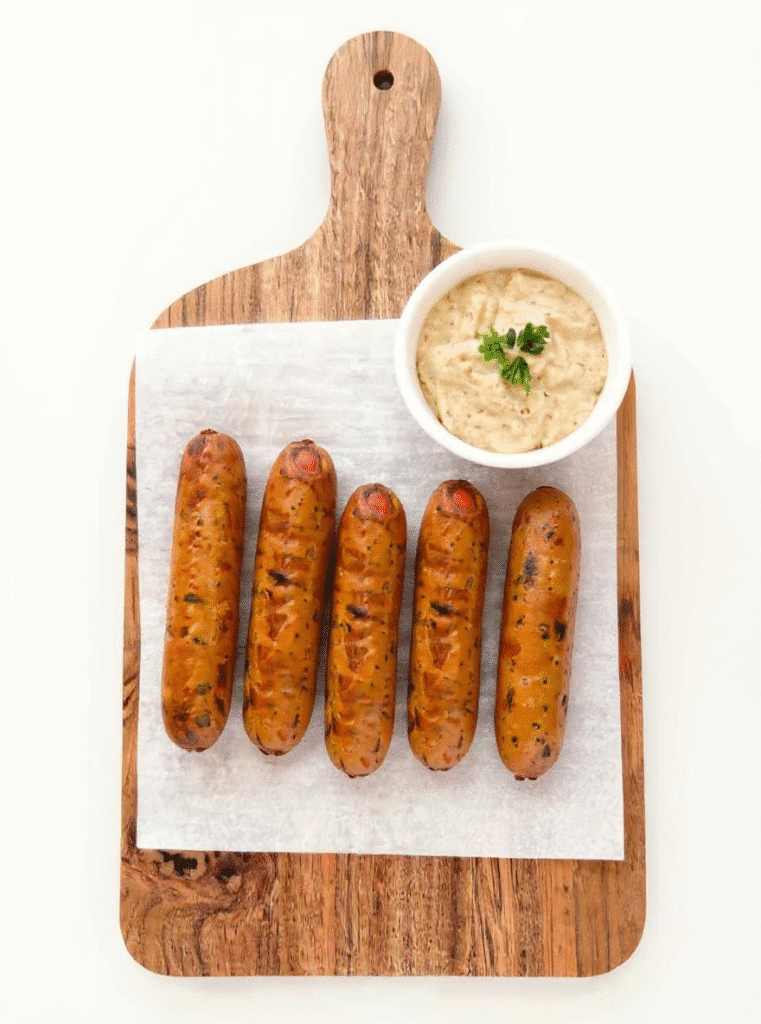 grilled chicken sausages with dip on wooden board