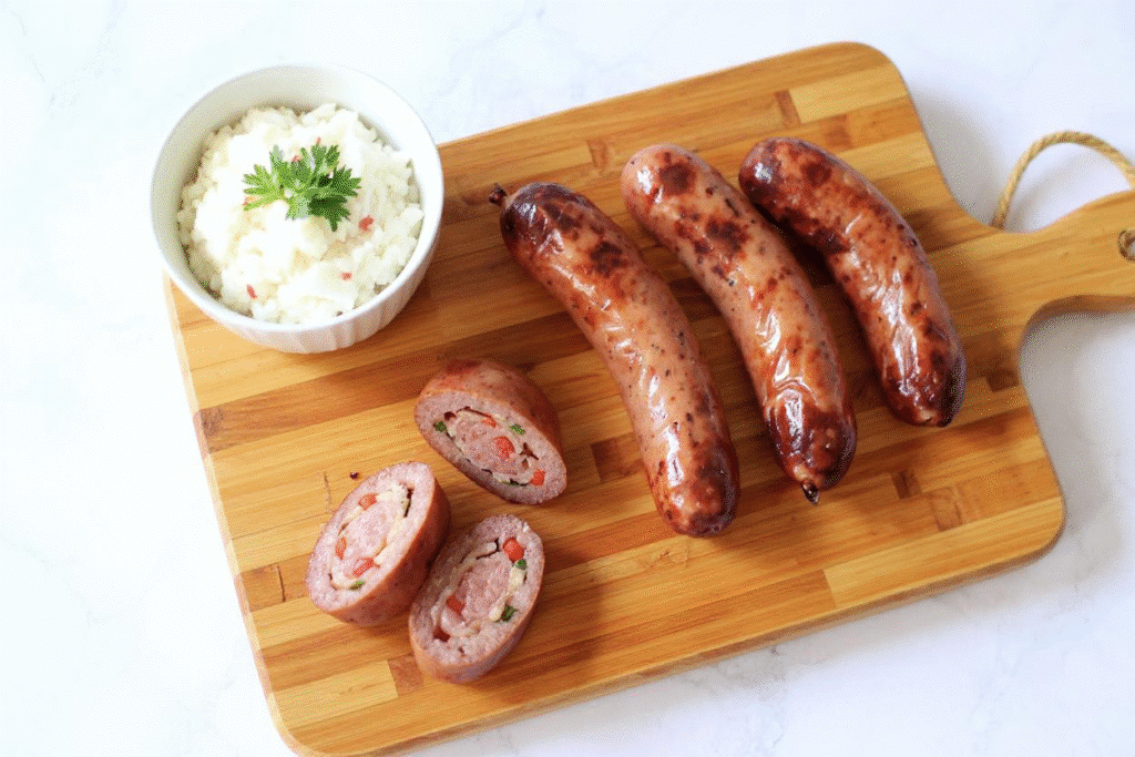 sliced chicken sausage with rice and veggies