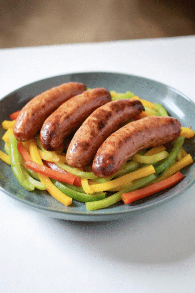 air fried chicken sausages with bell peppers