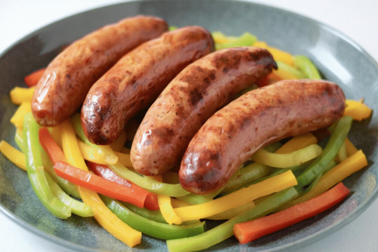 close-up of juicy chicken sausages in air fryer