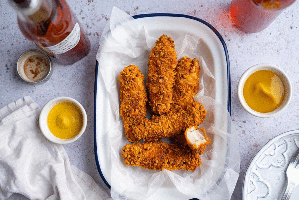 Plate of Crispy Air Fryer Chicken Tenders for One with mustard sauce, ready to serve.