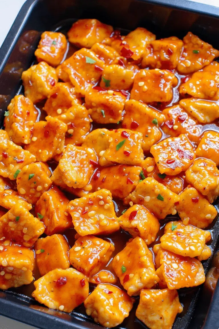 Sticky Honey Sriracha Chicken Bites in air fryer tray, topped with red chili flakes