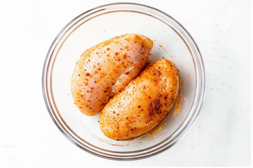 Raw chicken breasts seasoned with spices in a clear glass bowl, ready to cook.