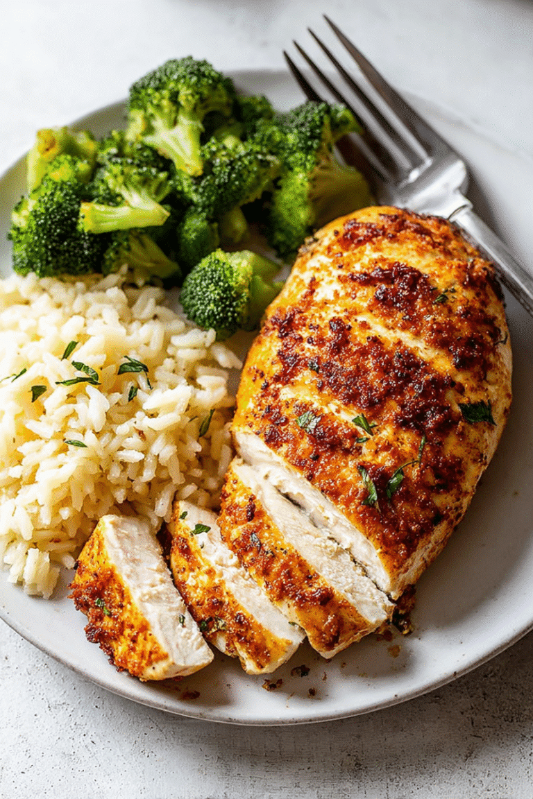 Plated air fryer chicken breasts sliced and served with rice and broccoli.