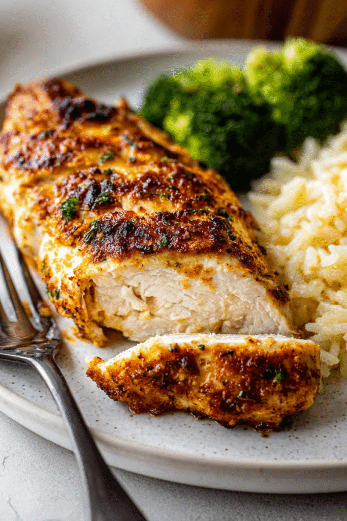 Juicy, sliced air fryer chicken breasts served with rice and steamed broccoli on a plate.