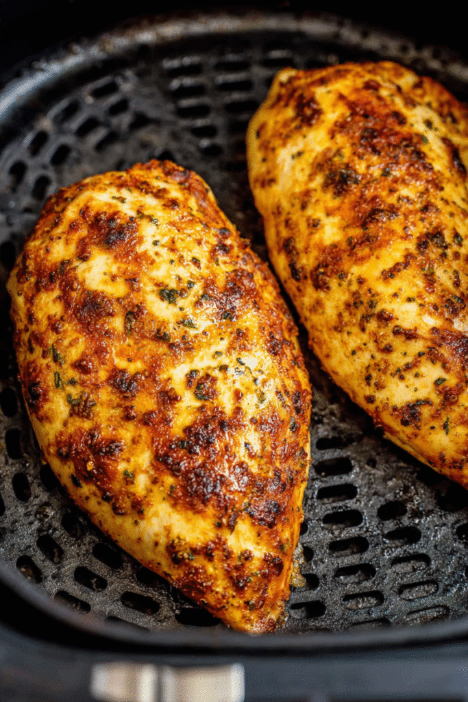 Golden-brown seasoned air fryer chicken breasts resting in the air fryer basket after cooking.