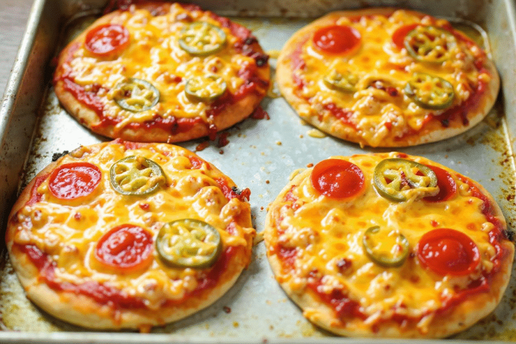 Mini naan pizzas with melted cheese, jalapeños, and pepperoni on a baking tray.