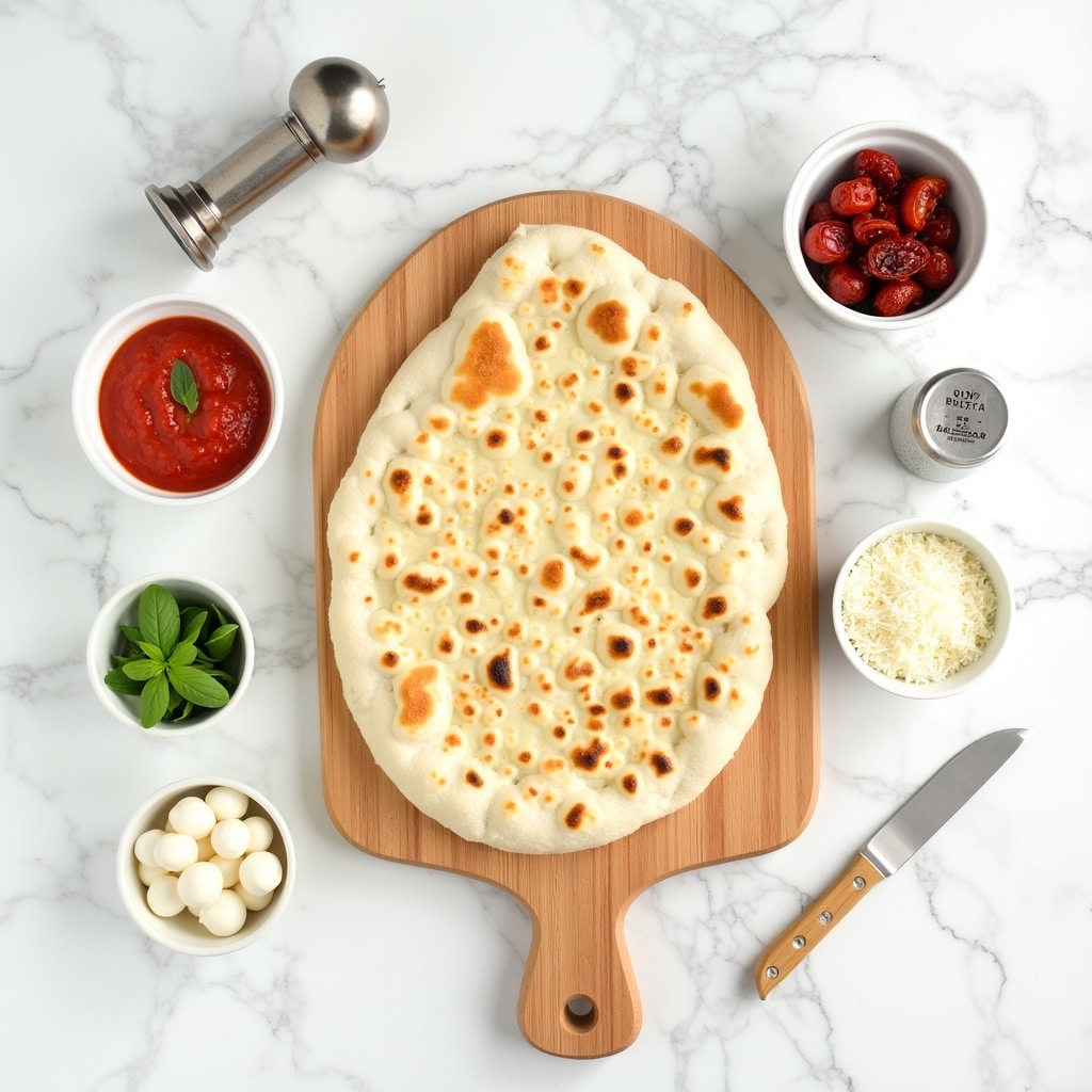 Mini naan bread on a wooden board surrounded by pizza sauce, cheese, basil, mozzarella pearls, roasted tomatoes, and pepper grinder for Mini Naan Air Fryer Pizza