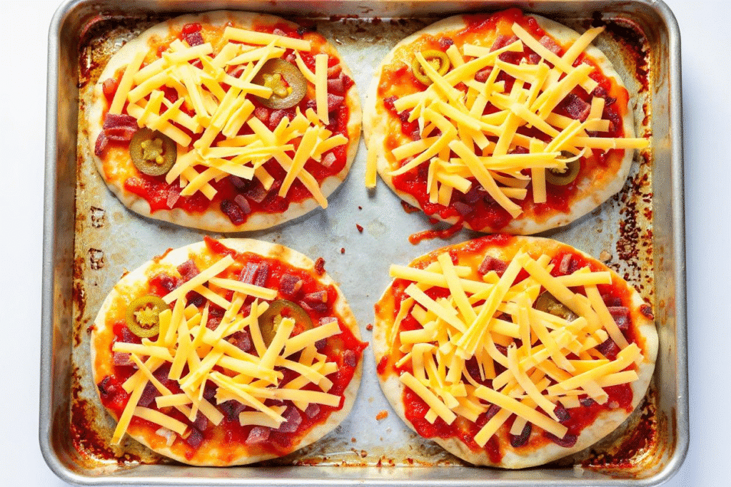 Uncooked mini naan pizzas topped with shredded cheddar, jalapeños, and pepperoni.