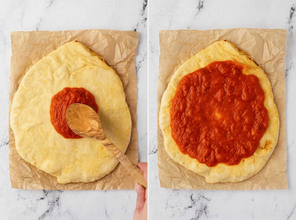 Two-step view of pizza sauce being spread on naan bread with a wooden spoon. to prepare Mini Naan Air Fryer Pizza