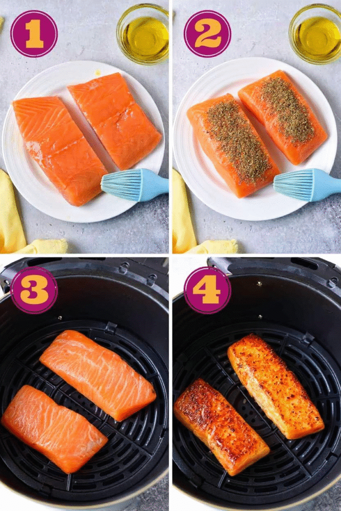 Ninja Foodi air fryer salmon step-by-step preparation with seasoning and cooking stages