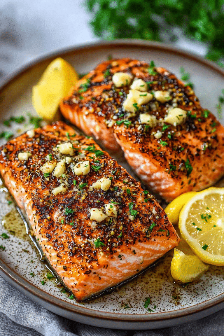 Close-up of crispy air fryer salmon fillets with garlic butter and lemon slices