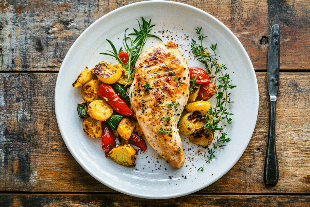 Quick chicken dinner for one on a plate with vegetables