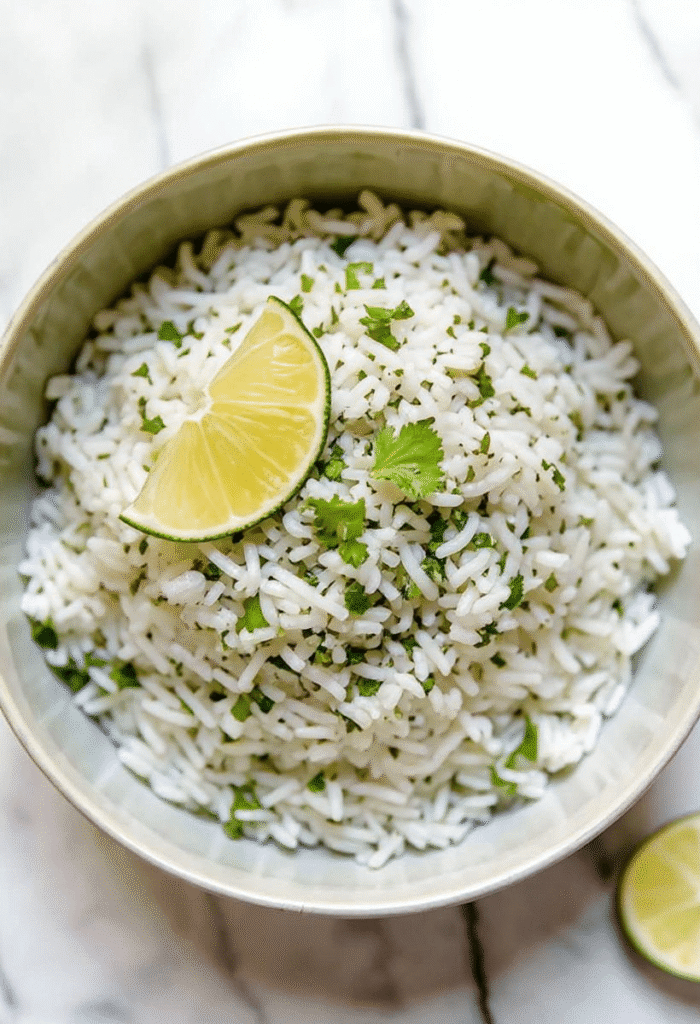 Cooked quick cilantro lime rice with lime wedge and cilantro on top
