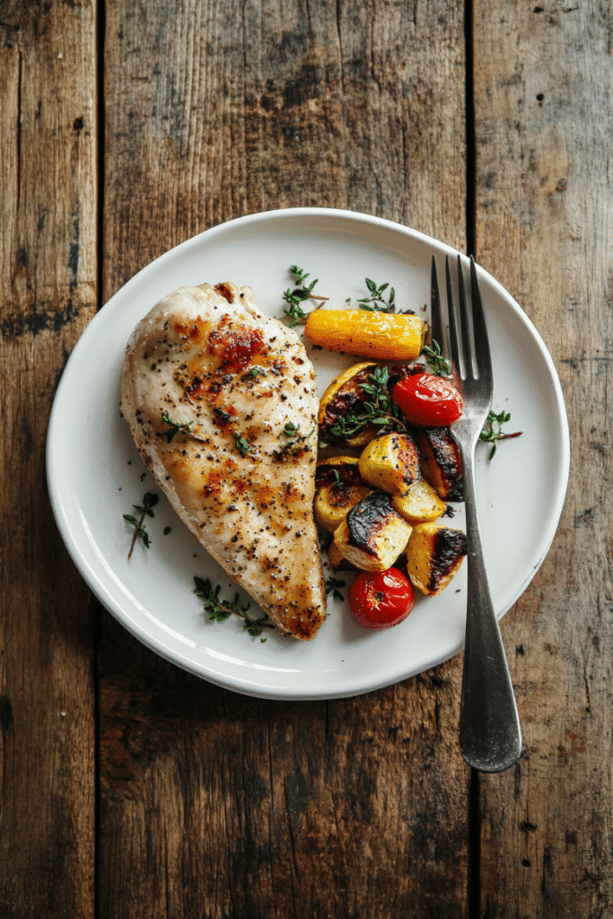 Quick chicken dinner for one person on a plate