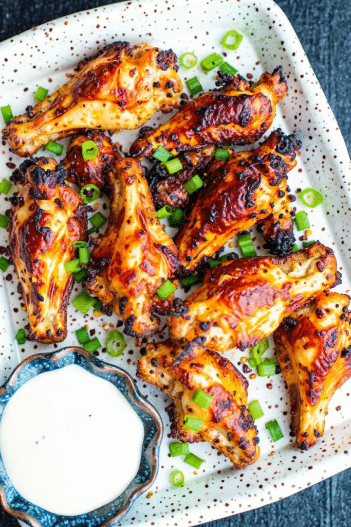 Crispy Ranch Air Fryer Chicken Wings on a serving plate with dipping sauce