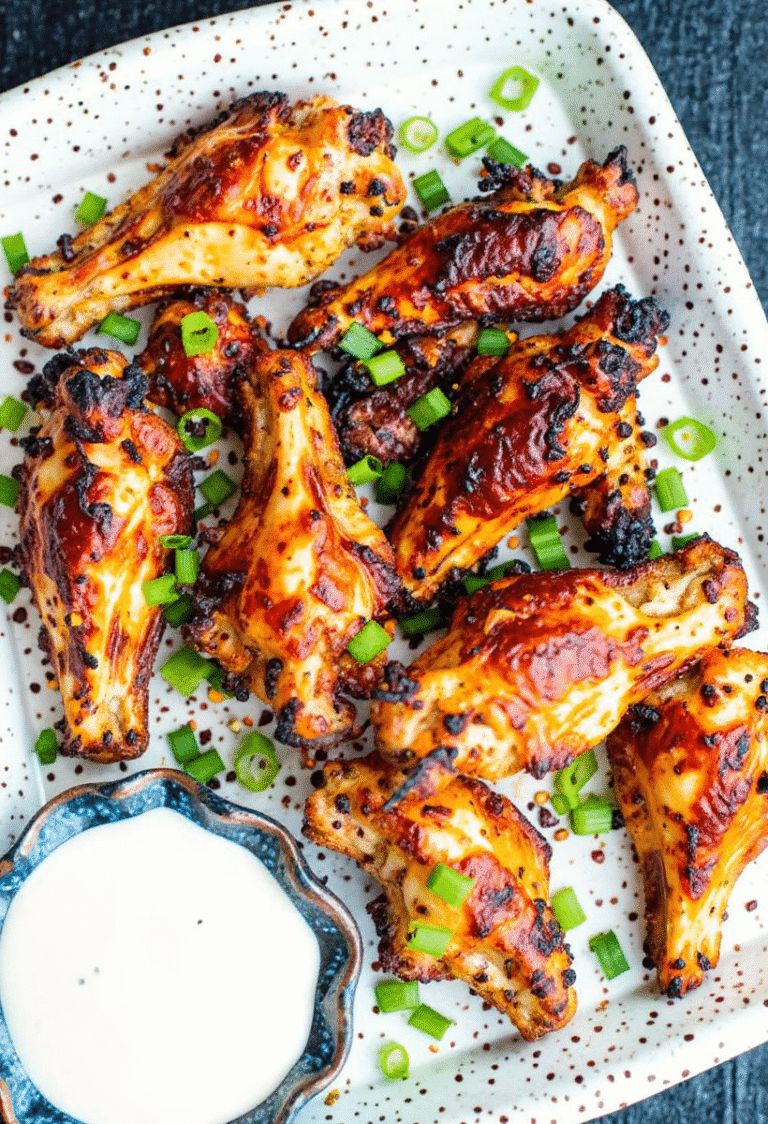 Crispy Ranch Air Fryer Chicken Wings on a serving plate with dipping sauce