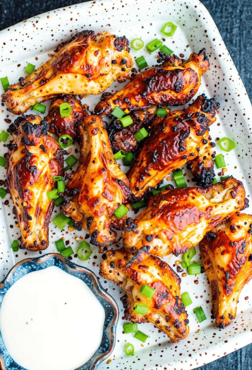 Crispy Ranch Air Fryer Chicken Wings on a serving plate with dipping sauce
