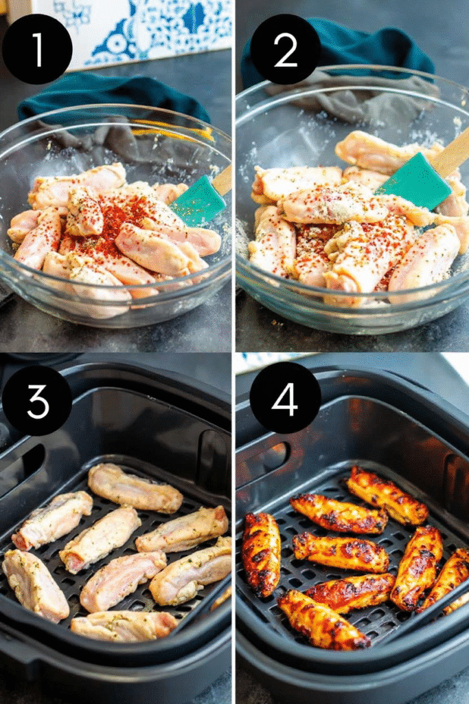 Step-by-step process of making ranch air fryer chicken wings from seasoning to cooking
