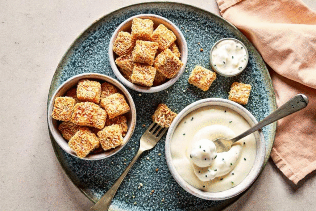 Crispy tofu nuggets served with dipping sauce, plated in bowls and on a textured blue platter.