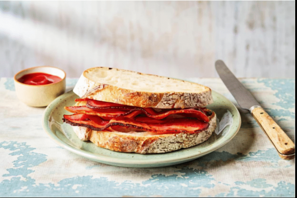 Air fryer bacon strips in rustic bread with a side of ketchup, ready to serve as a sandwich.