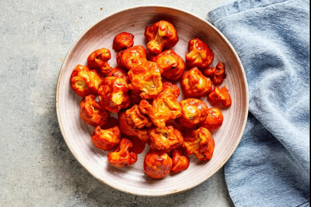 Crispy buffalo cauliflower wings coated in sauce, served in a bowl on a gray surface.