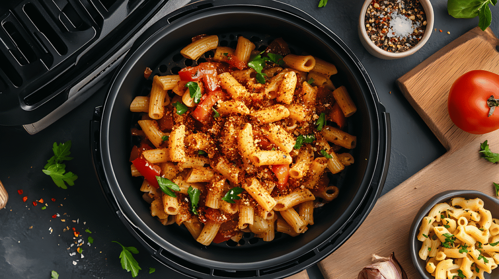 Cooked rigatoni pasta with tomato sauce and herbs inside an air fryer basket