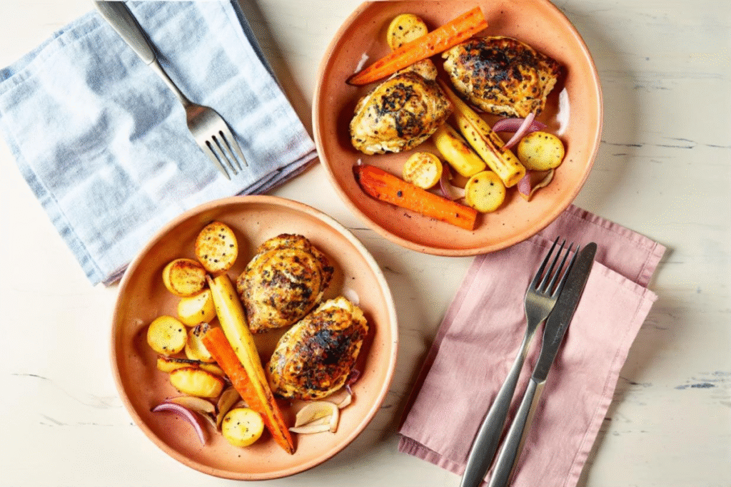 Air fryer chicken thighs served with roasted carrots and potatoes on a pink plate.