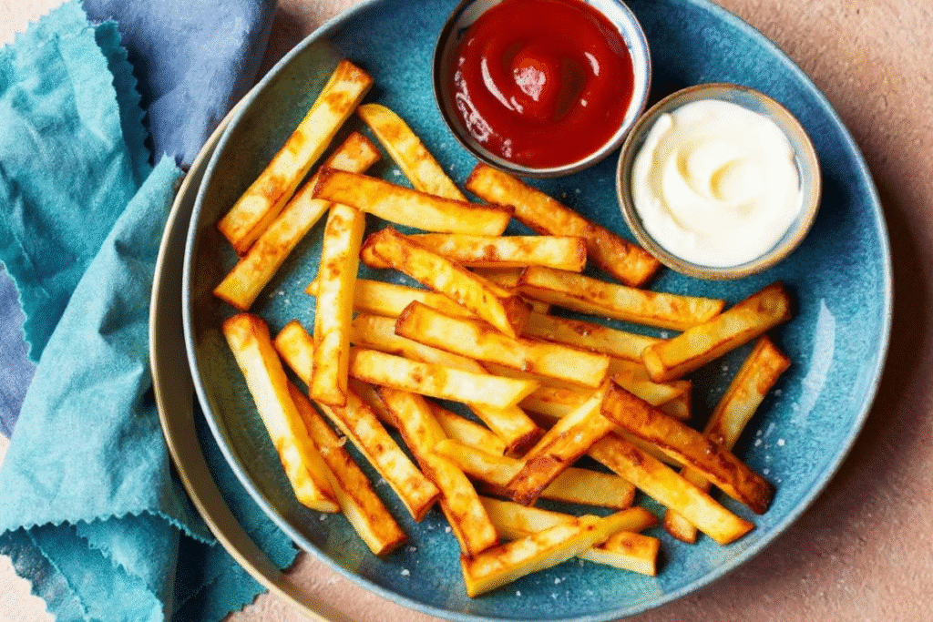 Crispy air fryer chips served with ketchup and mayo on a blue plate.