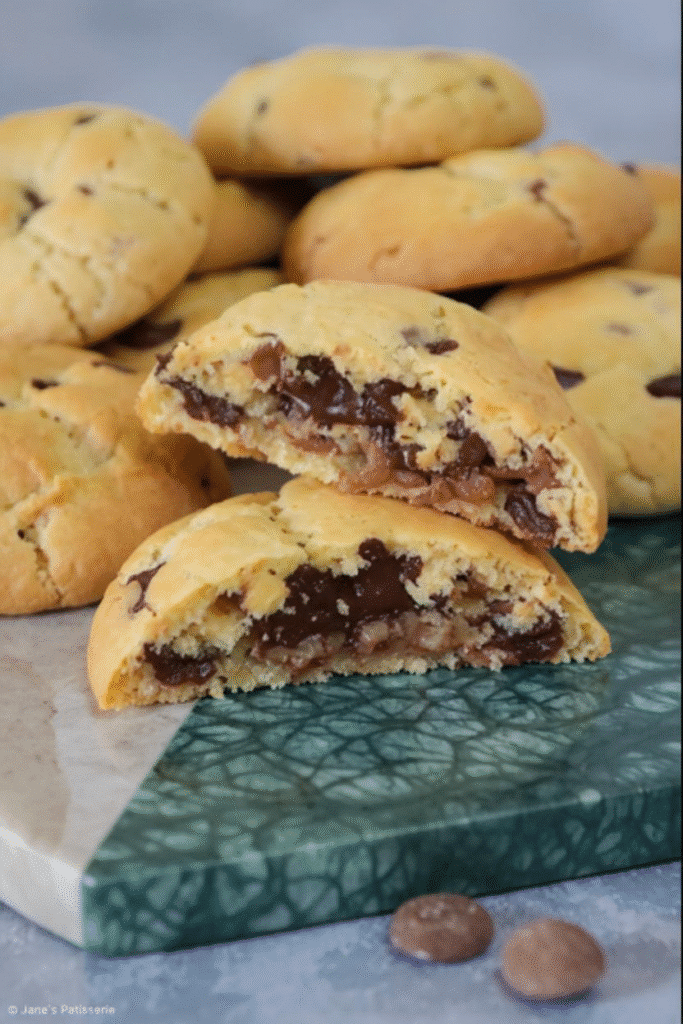 Air fryer cookie broken in half to reveal gooey chocolate and pecan filling.