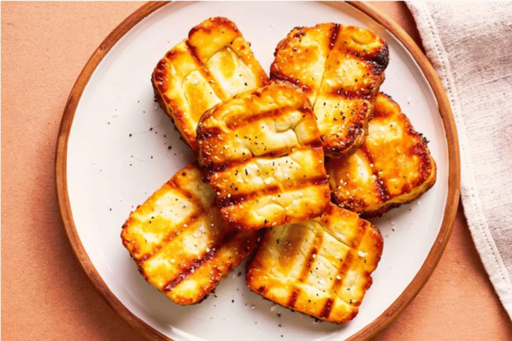 Golden-brown grilled halloumi slices seasoned and served on a white plate.