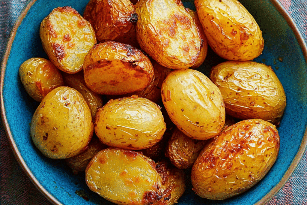 Golden roasted canned potatoes in a blue bowl, cooked until crispy in the air fryer.