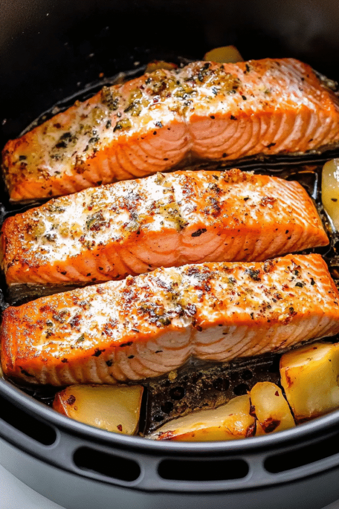 air fryer salmon with garlic butter : Salmon fillets cooking with garlic butter inside an air fryer
