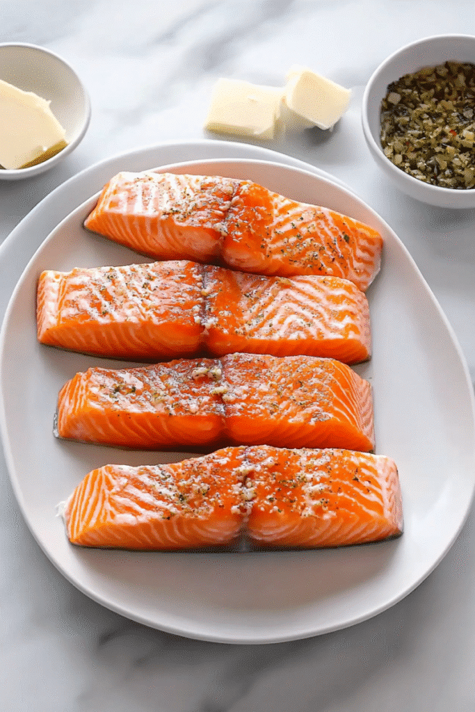 Raw air fryer salmon with garlic butter ingredients