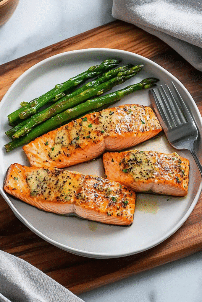 air fryer salmon with garlic butter served with asparagus