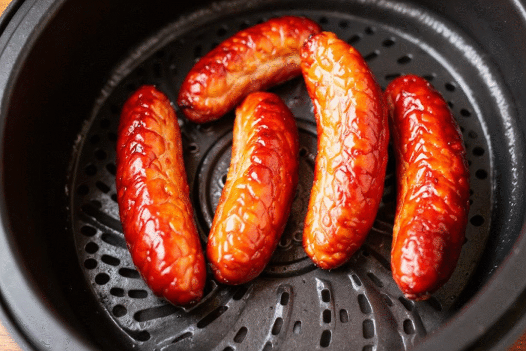 Juicy, golden-browned sausages cooked in an air fryer basket.
